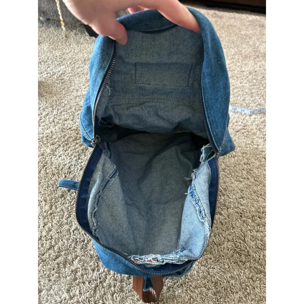 Vintage Denim‎ Backpack Blue Western Aztec Boho Wood Toggle Faux Leather Trim